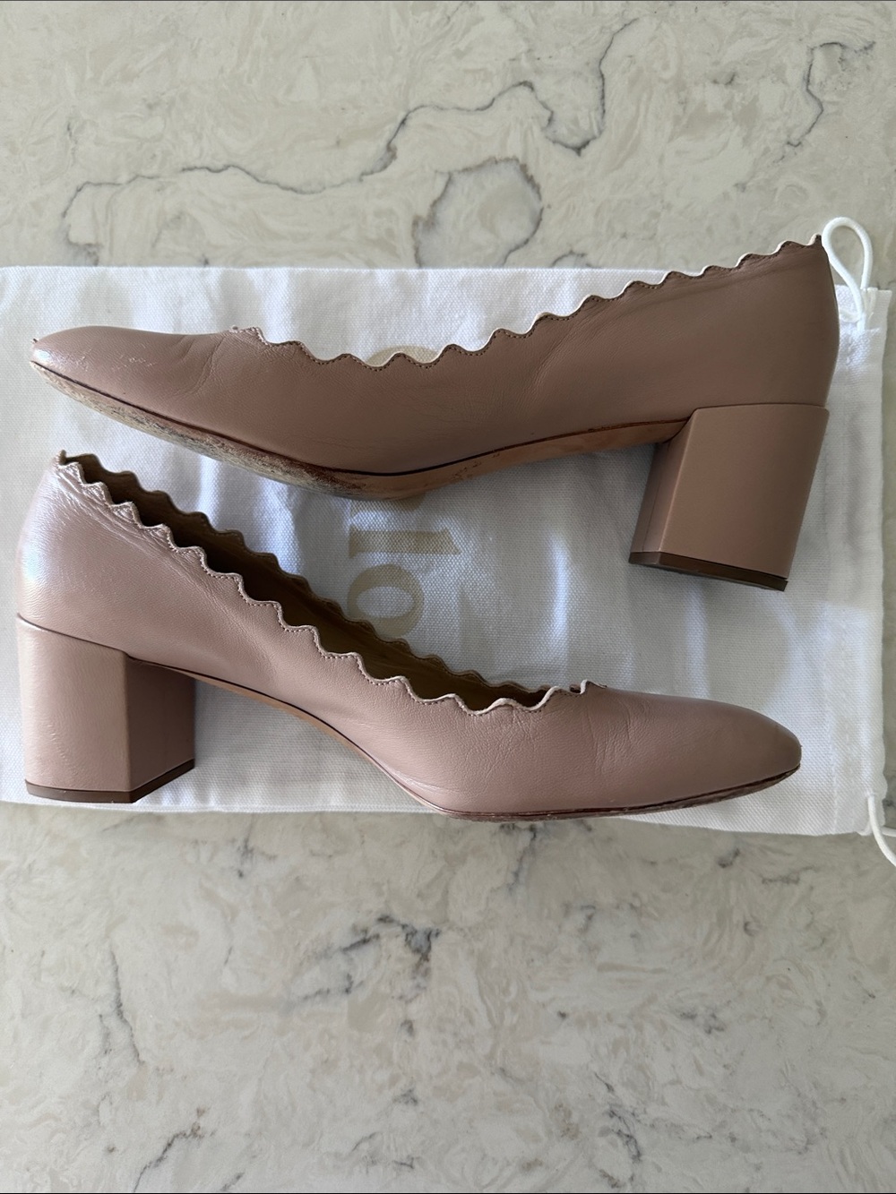 Chloe Lauren Scalloped Nude Leather Block Heel Pump - Picture 4 of 10
